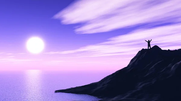 3D мужская фигура на вершине скалы с поднятыми руками против фиолетовых солнц — стоковое фото