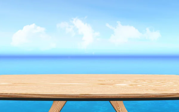 Table en bois 3D donnant sur un paysage bleu de l'océan — Photo