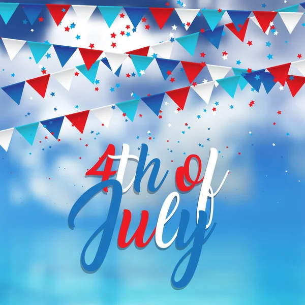 Projeto de 4 de julho com confetes e pendentes no fundo azul do céu —  Vetores de Stock