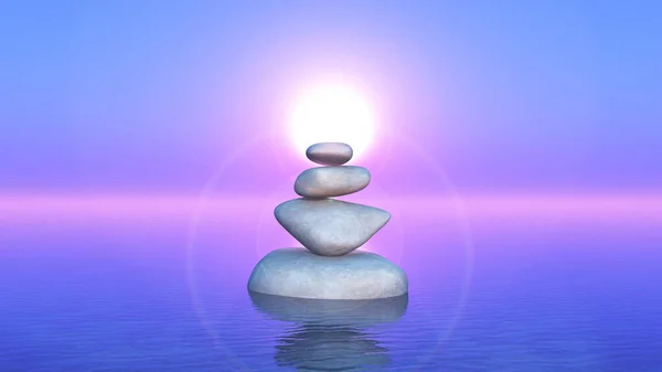 3D balancing rocks in the ocean against a sunset sky — Stock Photo, Image