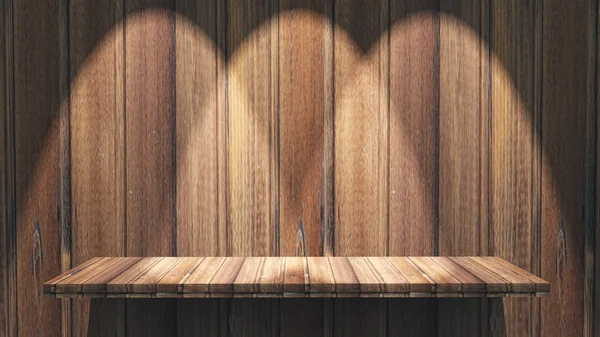 3D wooden shelf with spotlights shining down — Stock Photo, Image