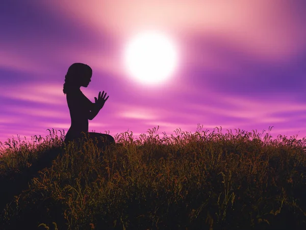 3D vrouw in yoga pose tegen zonsondergang landschap — Stockfoto