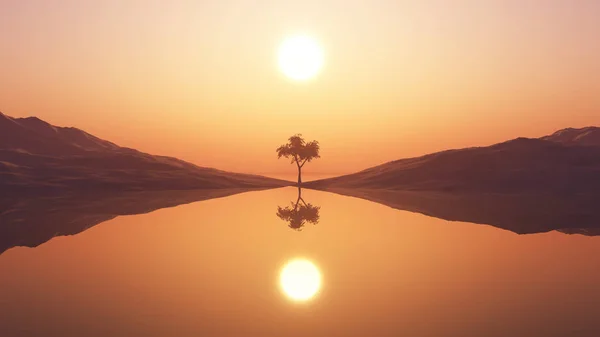 Árbol 3D contra el cielo atardecer — Foto de Stock