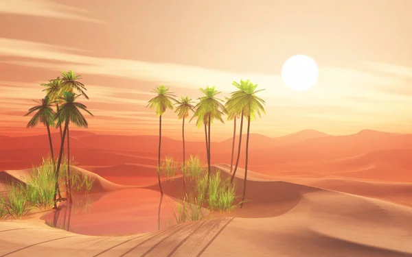 3D desert scene with palm tree oasis — Stock Photo, Image