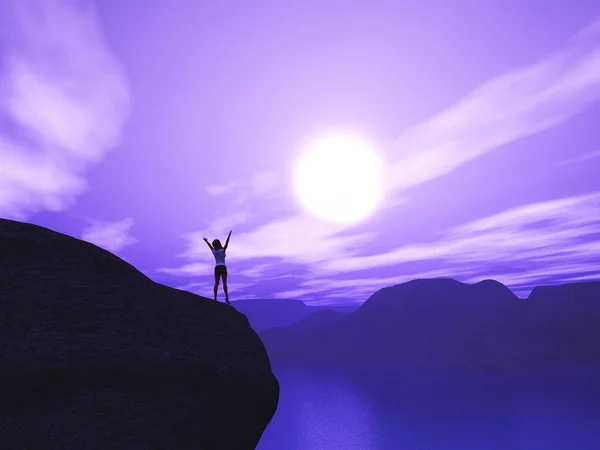 3D female stood on cliff with arms raised in joy against sunset — Stock Photo, Image