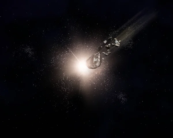Fondo espacial 3D con meteoritos volando a través de un cielo espacial —  Fotos de Stock