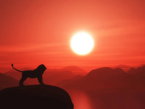 3D lion silhouetted against a sunset ocean landscape — Stock Photo, Image