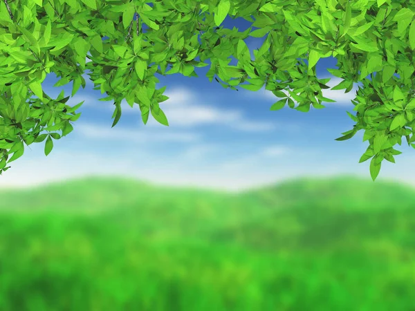 Paisaje herboso 3D con hojas verdes —  Fotos de Stock