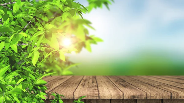 3D wooden table and leaves against a defocussed landscape backgr — Stock Photo, Image