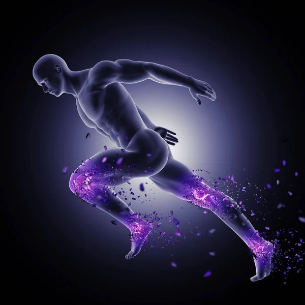 3D male figure in sprinting pose with leg joints highlighted and