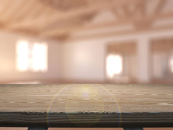 3D wooden table looking out to an empty room — Stock Photo, Image