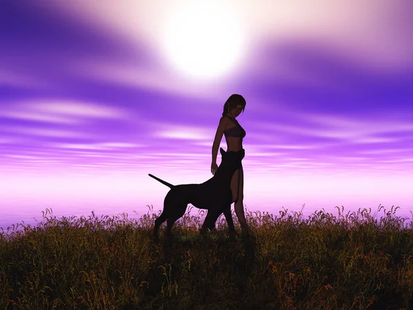 3D fêmea e seu cão de estimação em uma paisagem do pôr do sol — Fotografia de Stock