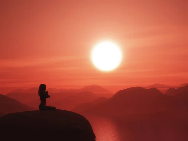 3D vrouw in een yoga pose tegen een zonsondergang landschap — Stockfoto