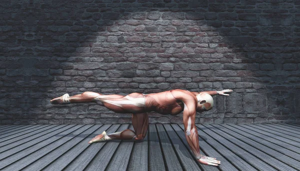 3D-Männchen in Bein- und Armstreckpose im Grunge-Interieur — Stockfoto