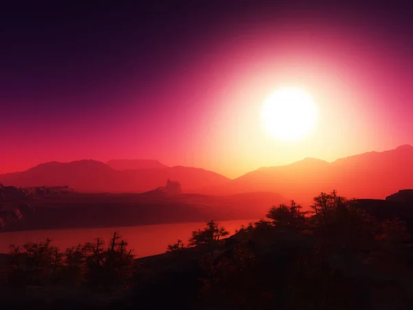 夕日の空に対する3D山脈 — ストック写真