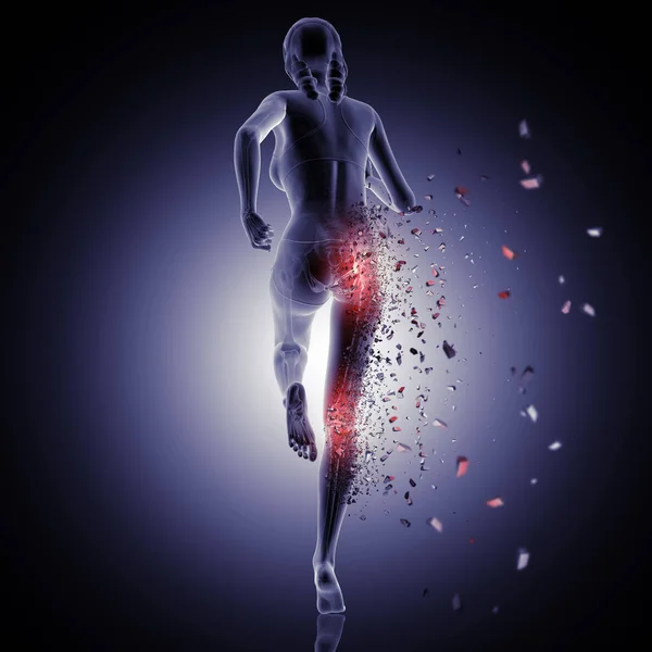 3D вид сзади женщины, бегущей с разбитым коленом и тазобедренным суставом — стоковое фото