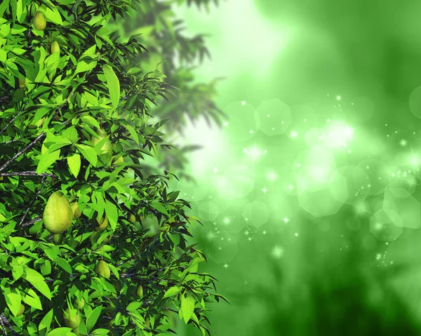 3D-Blätter und Früchte auf einem defokussierten Hintergrund mit Bokeh-Lichtern — Stockfoto