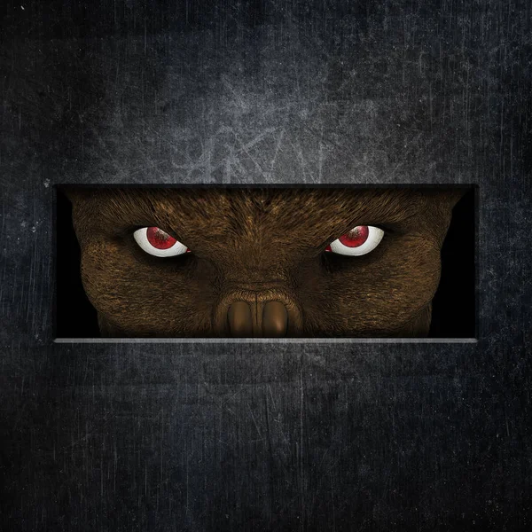 3D demonic creature staring through a slot in a door — Stock Photo, Image