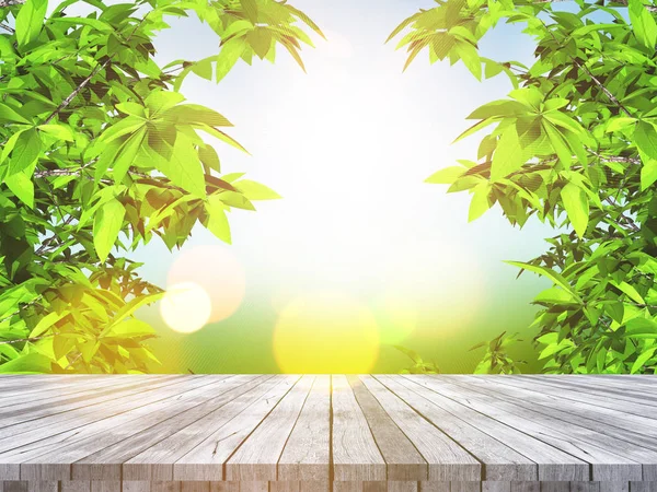 3d ahşap masa yaprakları ve defokusmanzara dışarı bakıyor