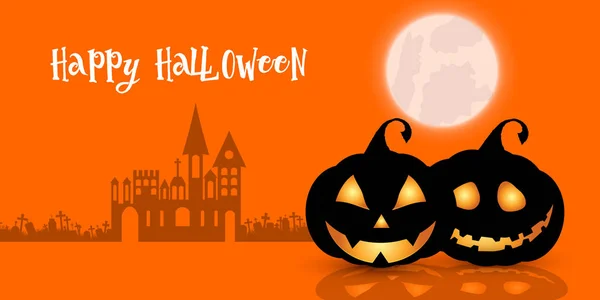 Halloween backgrund met pompoenen en spookachtig spookhuis — Stockvector