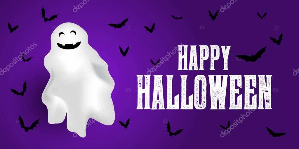 Halloween banner with ghost and bats 