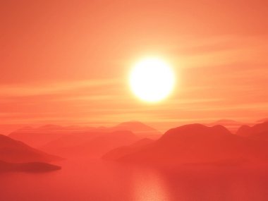 Bir günbatımı gökyüzüne karşı 3d dağ sırası