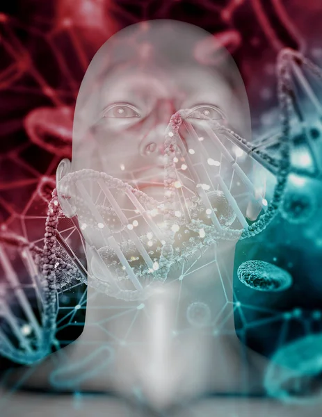 바이러스 세포와 DNA 를 가진 의학 배경에 3D 남성 머리 — 스톡 사진