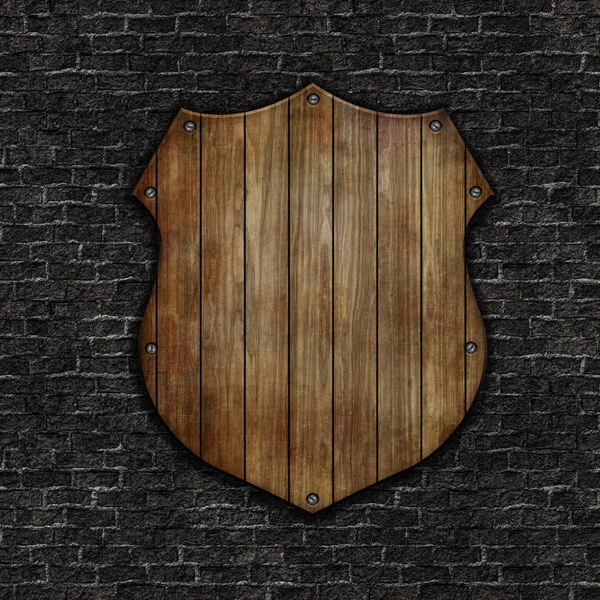 Escudo de madeira 3D em uma textura de parede de tijolo grunge — Fotografia de Stock