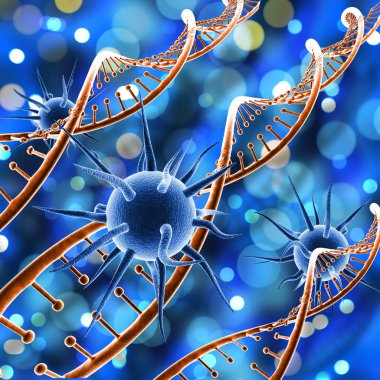 Dna iplikçikleri üzerinde virüs hücreleri ile 3d tıbbi arka plan