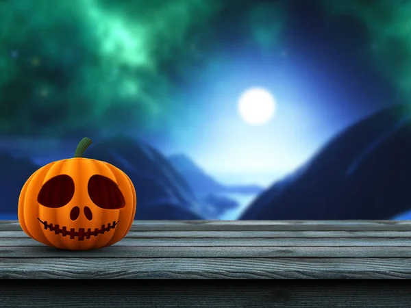 3D pumpkin on a wooden table against a defocussed spooky landsca — Stock Photo, Image