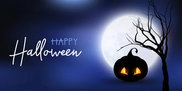 Halloween banner met Spooky pompoen tegen maanlicht hemel — Stockvector