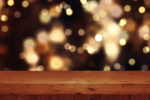 Fundo de Natal 3D com mesa de madeira contra bok desfocado — Fotografia de Stock