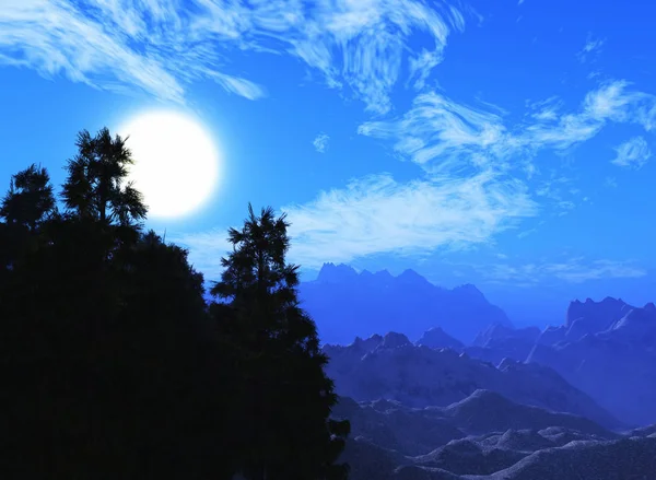 前景に木々が植えた3D山の風景 — ストック写真