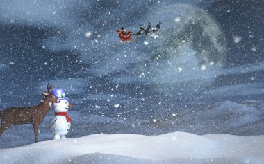 Kardan adam, ren geyiği ve Noel Baba ile 3D Noel manzarası