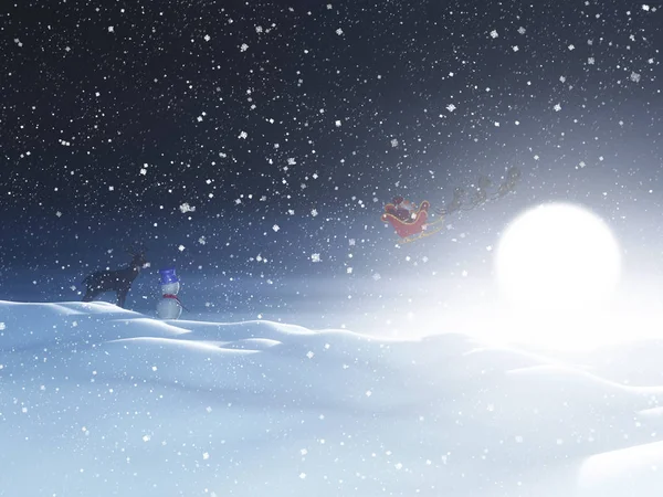 3D paisaje nevado por la noche con muñeco de nieve, renos y santa en —  Fotos de Stock