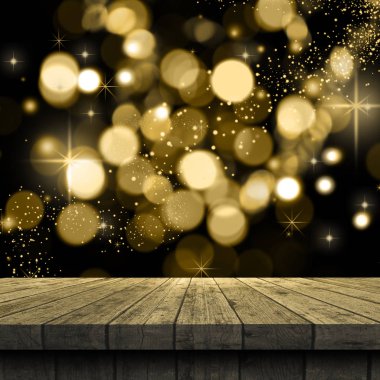 3D Noel arkaplanı. Masa yıldızlı ışıklara bakıyor.
