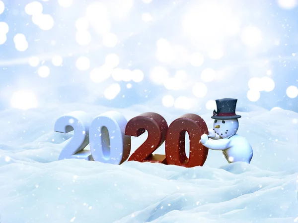 3d Weihnachten Schneelandschaft mit Schneemann bringt das neue Jahr i — Stockfoto