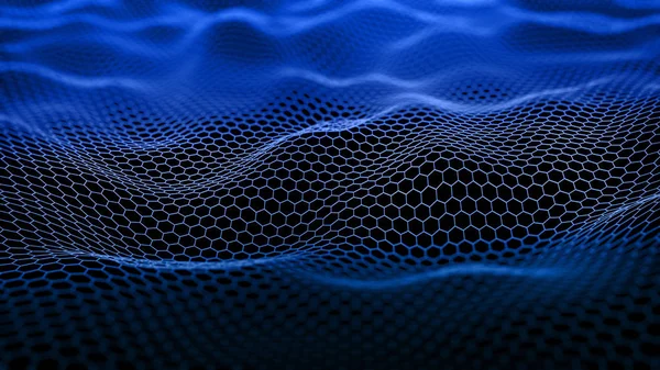 3D digital landscape with connecting hexagon pattern — Stok fotoğraf