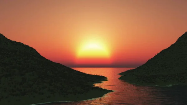 3D render of a landscape with grassy hills against a sunset sky