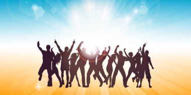 Dans eden parti insanlarının siluetleriyle dolu yaz temalı afiş 
