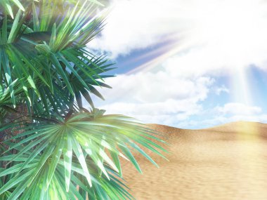 Güneşli bir plaj manzarasının üç boyutlu görüntüsü. Güneşli gökyüzüne karşı palmiye ağacı.