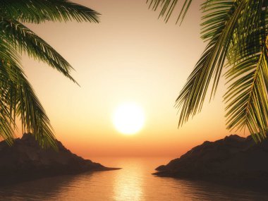 Gün batımında okyanus manzarasına karşı bir palmiye ağacının 3 boyutlu görüntüsü