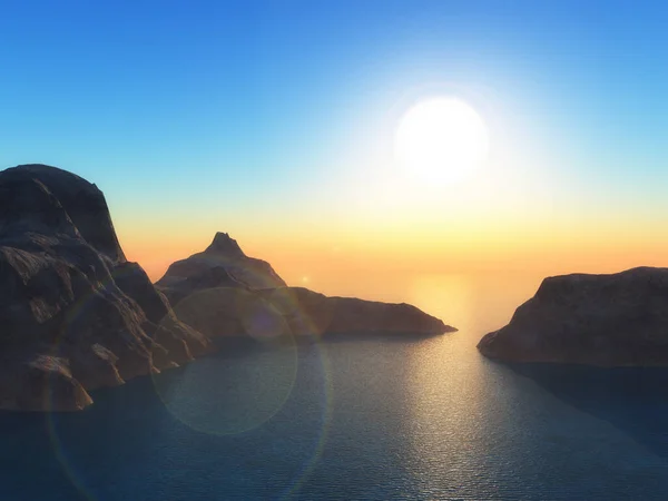 3D render of a landscape with mountains in ocean at sunset