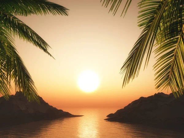 在日落的海洋景观下 棕榈树的3D渲染 — 图库照片