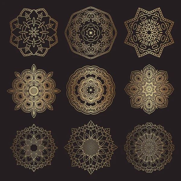 Colecție Modele Decorative Mandala Aur Negru — Vector de stoc