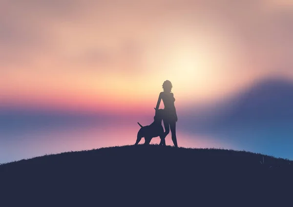 Silueta Una Hembra Perro Contra Paisaje Atardecer — Vector de stock