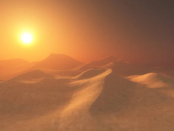 3D渲染了一个朦胧的沙漠场景与日落的天空 — 图库照片