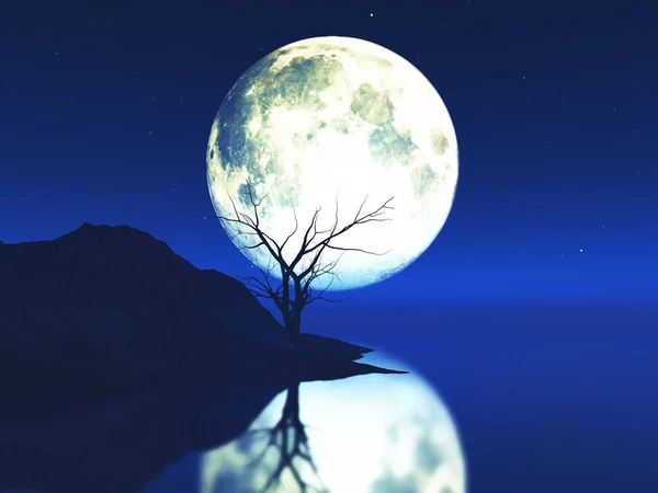 Renderização Uma Paisagem Iluminada Pela Lua Com Árvore Gnarly Velha — Fotografia de Stock
