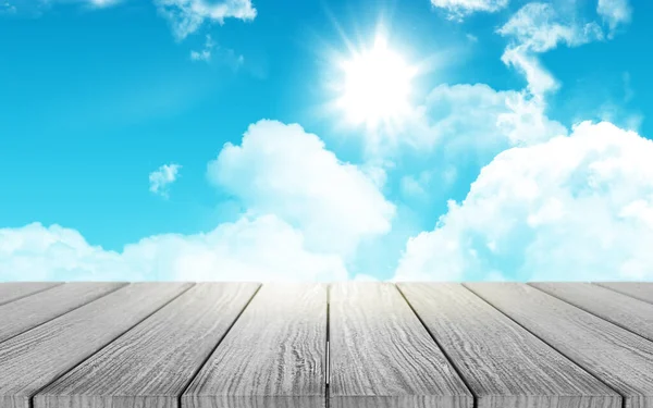 Representación Una Mesa Madera Con Vistas Cielo Soleado —  Fotos de Stock