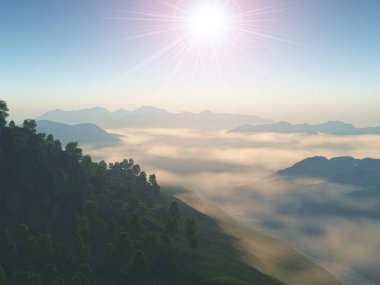 Alçak bulutlu dağlık bir arazinin 3 boyutlu görüntüsü